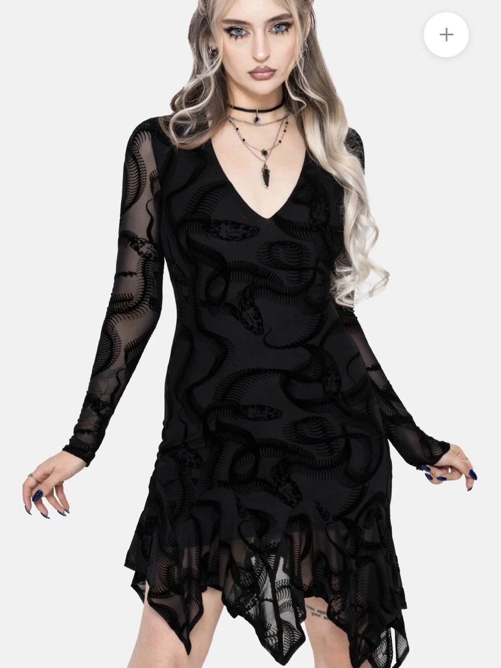 Black Mesh V-Neck Gothic Handkerchief Hem Dress